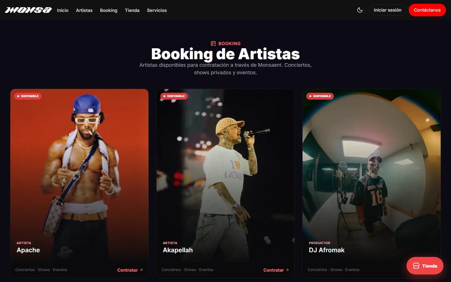 Módulo de booking de Monsaent para contratación de artistas