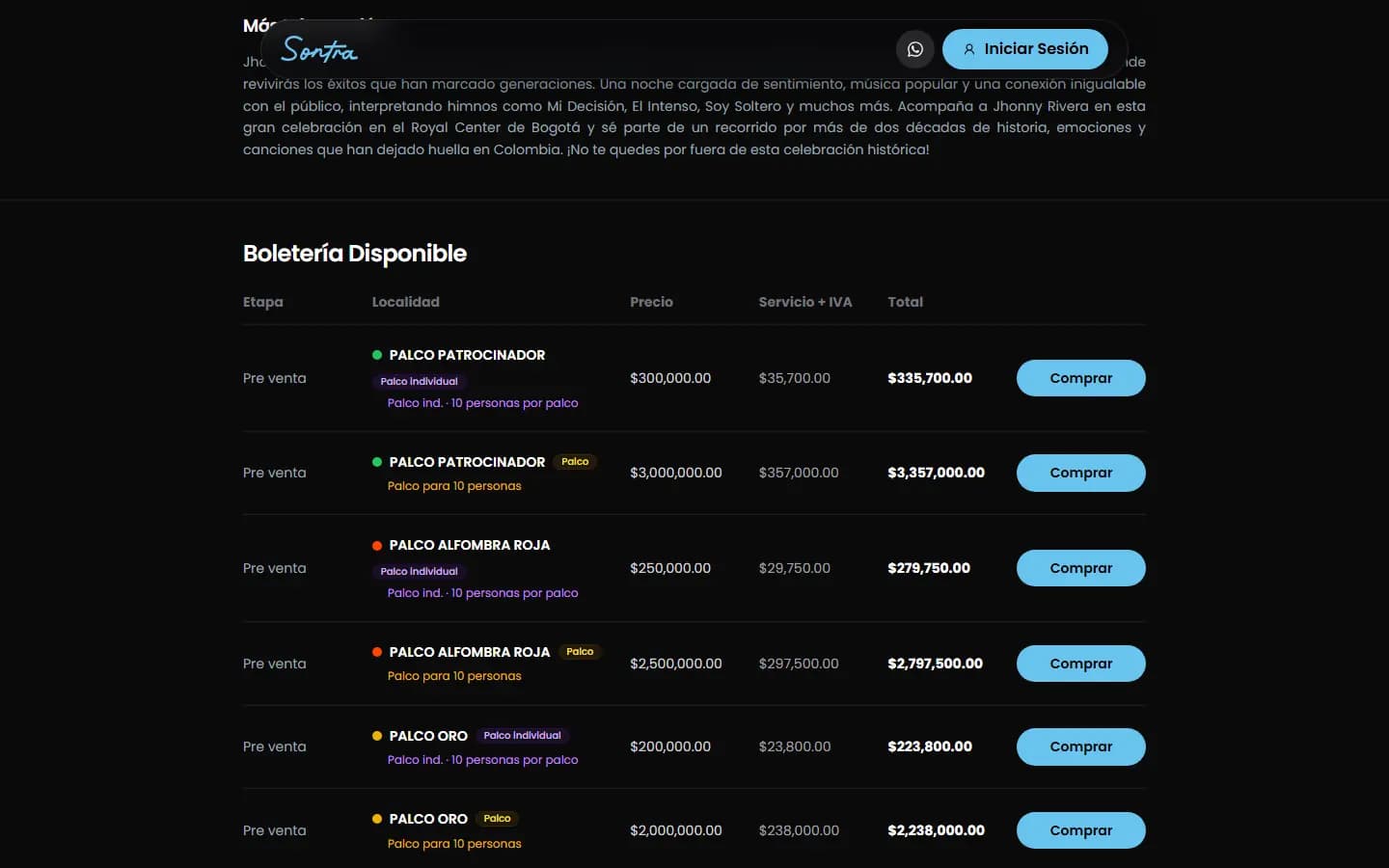 Detalle de localidades y compra de un evento en Sontra