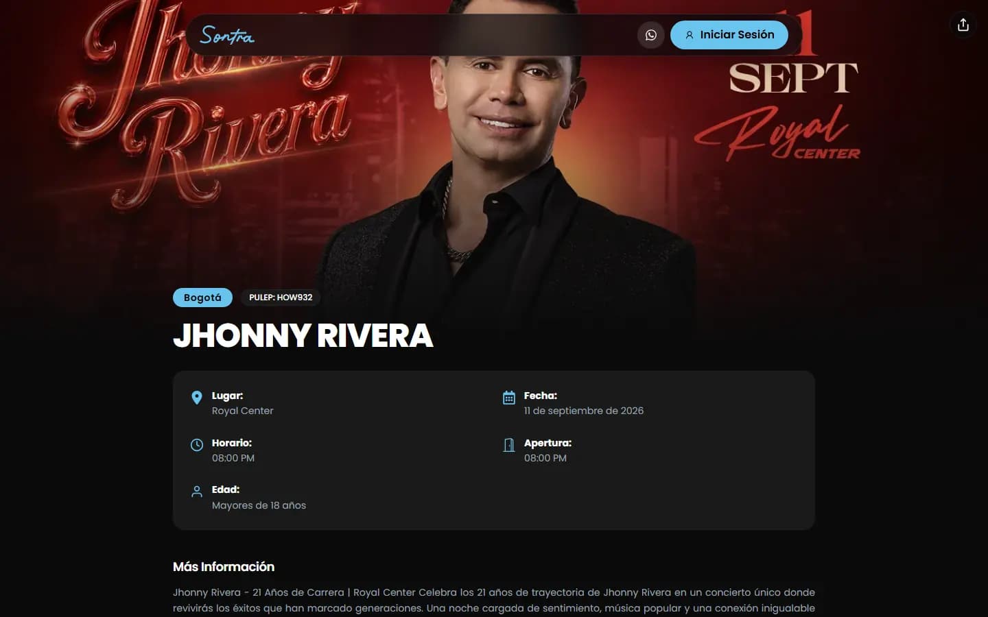 Página de un evento en Sontra con fecha, recinto y precio