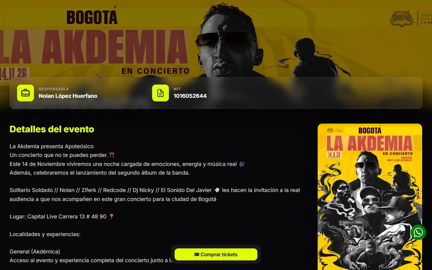 Detalle de localidades y compra de entradas en Tickeo